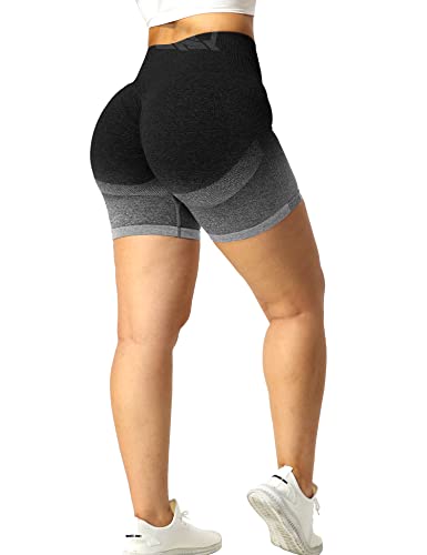 QOQ Women Scrunch Butt Workout Shorts Seamless High Waist Ruched Booty Yoga Biker Shorts Black Grey L